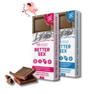Better Sex chocolates for women and men, a little cupid sits atop the boxes