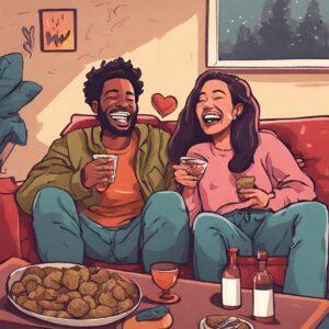 Couple sitting on the couch together after eating edibles, laughing and in love