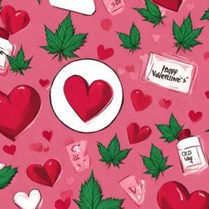 Valentines Day Hearts and Cards alongside cannabis leaves in pattern